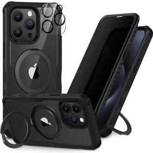 CENHUFO Privacy for iPhone 15 Pro Case, Full Body Phone Case [Compatible with Magsafe] Built-in 9H Tempered Glass Privacy Screen Protector and Magnetic Ring Stand, Clear Camera Lens Cover - Black