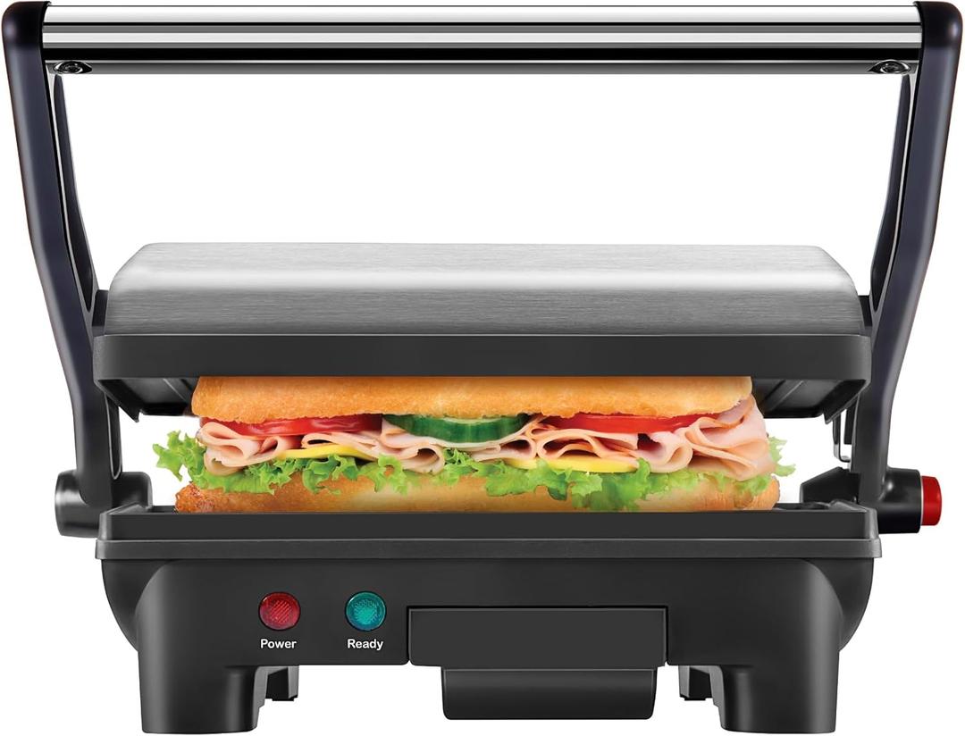Chefman Electric Panini Press Grill, Compact 2-Slice Sandwich Maker, Non-Stick Coated Plates, Opens 180 Degrees, Dishwasher Safe, Removable Drip Tray, Stainless Steel/Black