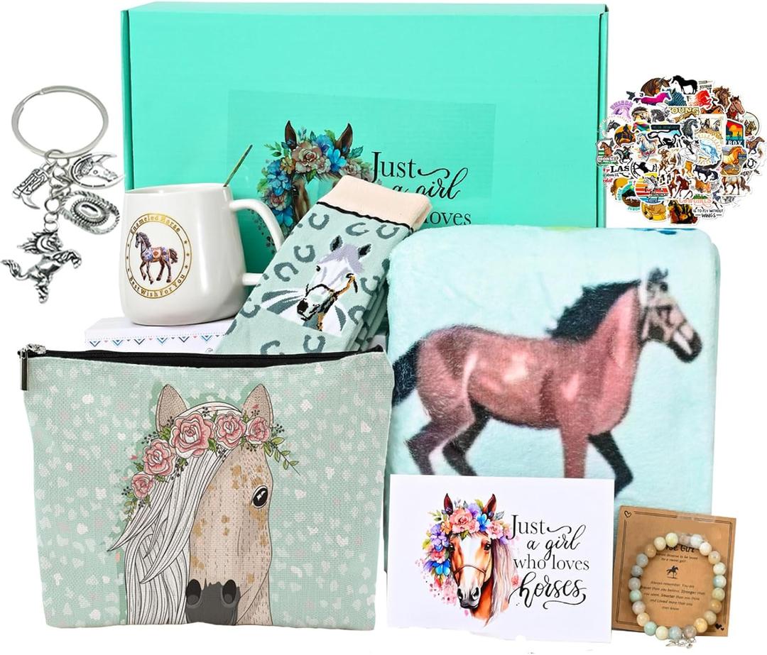 Horse Gift for Women,9pcs Gifts Set for Horse Lovers, Birthday Present with Throw Blanket,Coffee Mugs,Novelty Socks,Make up Bag,Stickers
