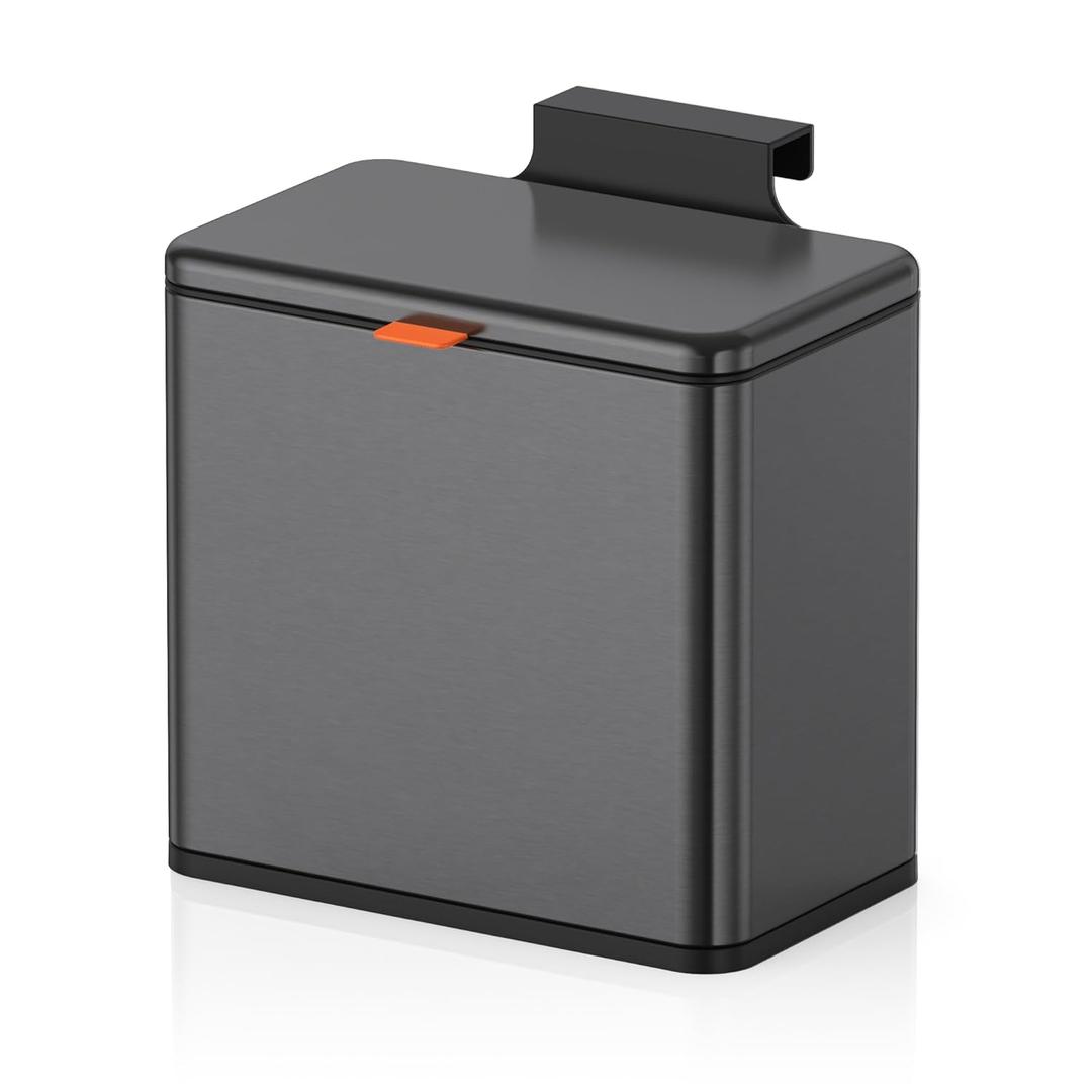 Mbillion Kitchen Compost Bin Hanging Trash Can with Lid 1.05 Gallon Stainless Steel Garbage Can for Kitchen Cabinet Door Mounted Trash Can Under Sink Door RV Bathroom, Brushed Black