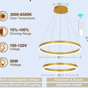 2 Rings Modern LED Chandelier Gold High Ceiling Ring Chandeliers with Remote Control Circular Pendant Light Dimmable for Dining Room Living Room Bedroom Hallway Kitchen Island 3000K-6500K