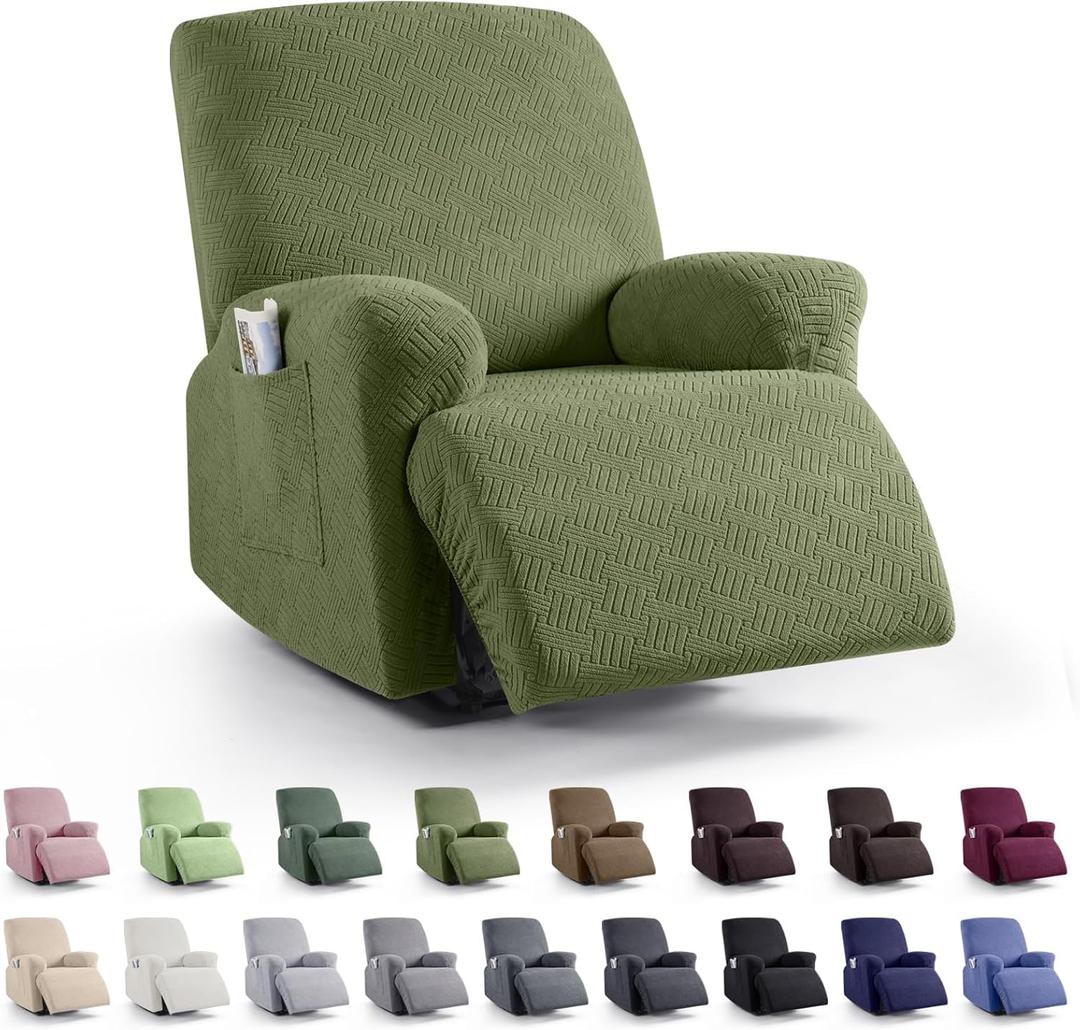 KinCam Recliner Covers, Stretch Reclining Chair Covers, Recliner Sofa Slipcovers Stripe Jacquard Recliner Couch Covers Furniture Protector Covers for Pet Kid (1 Seater, Olive Green)