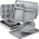 Farberware Nonstick Steel Bakeware Set with Cooling Rack, Baking Pan and Cookie Sheet Set with Nonstick Bread Pan and Cooling Grid, 10-Piece Set, Gray