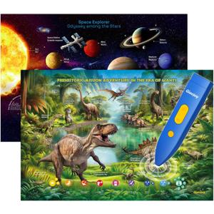 Bilingual Interactive for Kids Talking Dinosaur Space Poster for Kids Learning and Educational Toys,Talking Educational Dinosaur Toy for Ages 3 to 12 Years Old,Space Theme Wall Decor for Preschool
