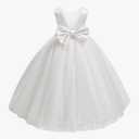 Dypaha Flower Girl Dress for Wedding Pearls Tulle Dress Kids Princess Communion Pageant Ankle Length Dresses with Bow-Knot 6, White