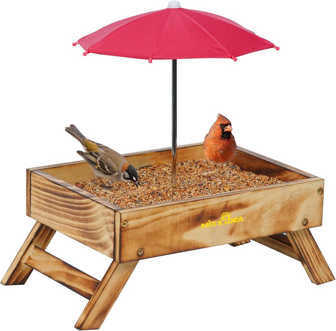 Ground Bird Feeder for Outdoors Bird&Squirrel Feeder Wooden Chicken Picnic Table Platform Feeder Wild Bird Feed Crow Feeder for Outside with 5 LBS Capacity (Brown)