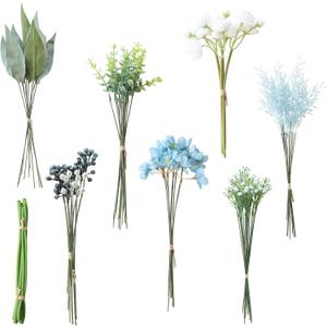 Floroom Artificial Greenery Stems Box Set, 59pcs with 7 Kinds of Faux Greenery Flowers Picks for DIY Bridal Bouquets Wedding Floral Arrangement Table Centerpieces, Blue & White