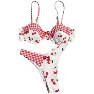 Milumia Women's 2 Piece Underwire Bikini Set Cherry Gingham Bow High Cut Push Up Swimsuit.  Size: S