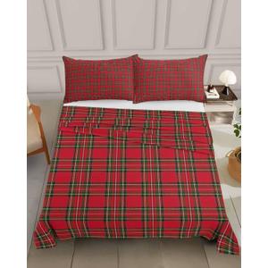 Full Size Top Sheet Only, Christmas Tartan Red Green Plaid Flat Sheet Microfiber Breathable Soft Bed Sheet, Valentine's Day Romantic Stripe Hotel Luxury Bedding Flat Sheets for Bedroom