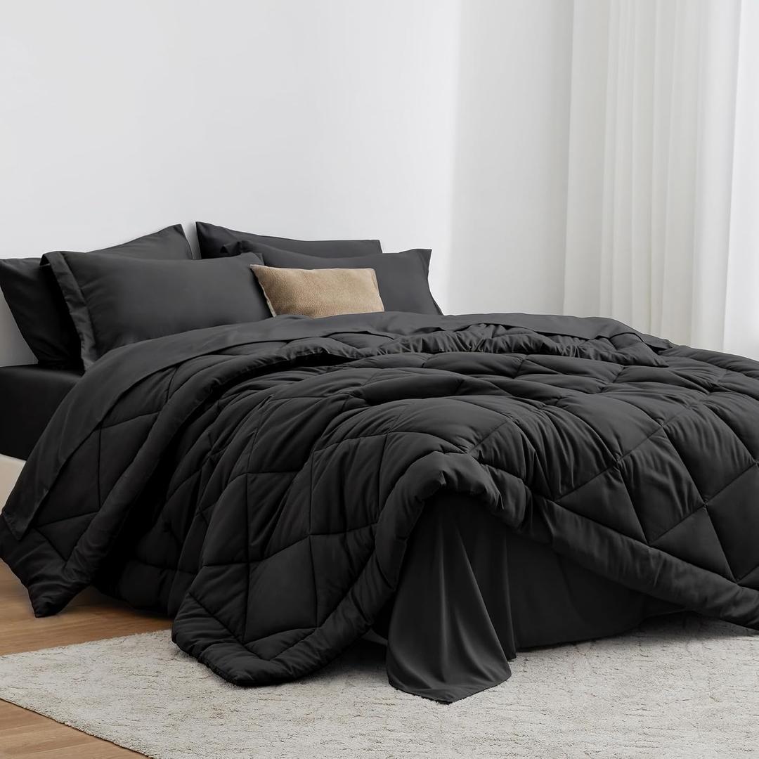 Love's cabin Full Comforter Set Black, 7 Pieces Full Bed in a Bag, All Season Bedding Sets with 1 Comforter, 1 Flat Sheet, 1 Fitted Sheet, 2 Pillowcase and 2 Pillow Sham | Soft, Breathable, Lightweight, Comfortable