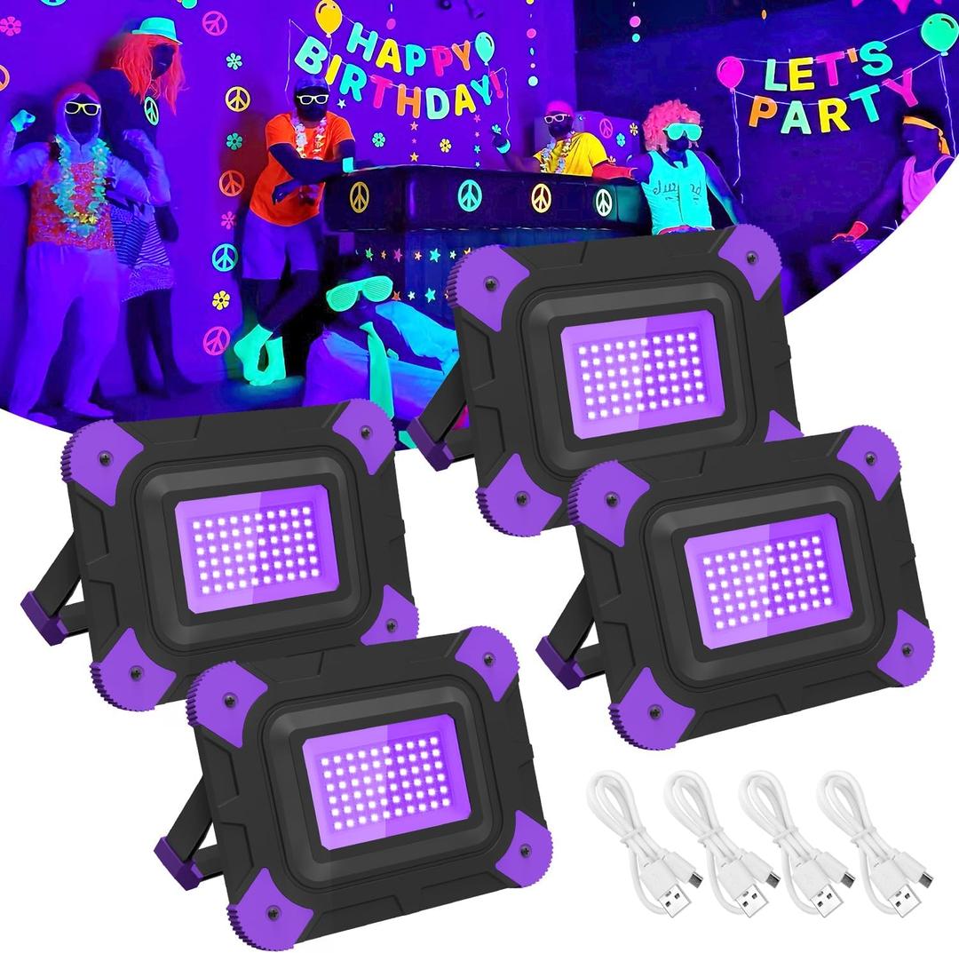 T-SUN Rechargeable Black Lights, Battery Powered Black Lights for Fishing Portable Blacklights for Glow Party Body Paint Fluorescent Poster Neon Party 4 Packs