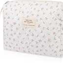 Floral Makeup Bag, Small Cosmetic Bag for Women Girls, Cute Cotton Makeup Bag, Quilted Makeup Bags, Flower Travel Toiletry Organizer Bag(White Cherry)