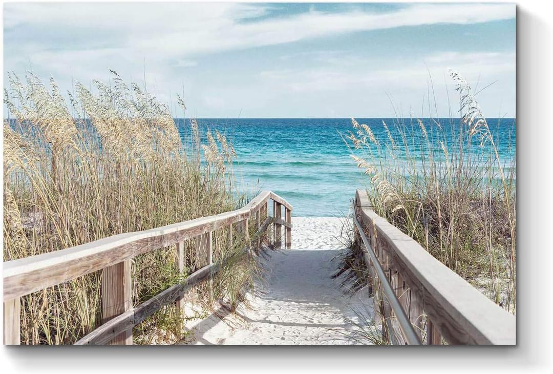 TAR TAR STUDIO Beach Artwork Seascape Wall Art: Seaside Painting Fence Pathway Picture Print on Wrapped Canvas for Living Room (36''W x 24''H, Multiple Sizes)