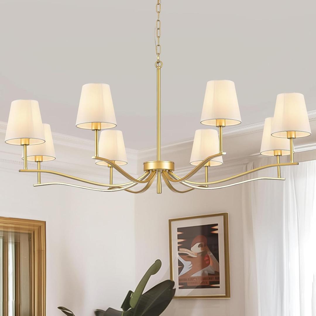 8 Light Brass Gold Chandelier with White Fabric Shade 44'' Linen Dining Room Chandeliers Over Table Kitchen Chandeliers Light Fixture for Living Room Bedroom Entryway Home Office, 44 inches x 44 inches x 71 inches
