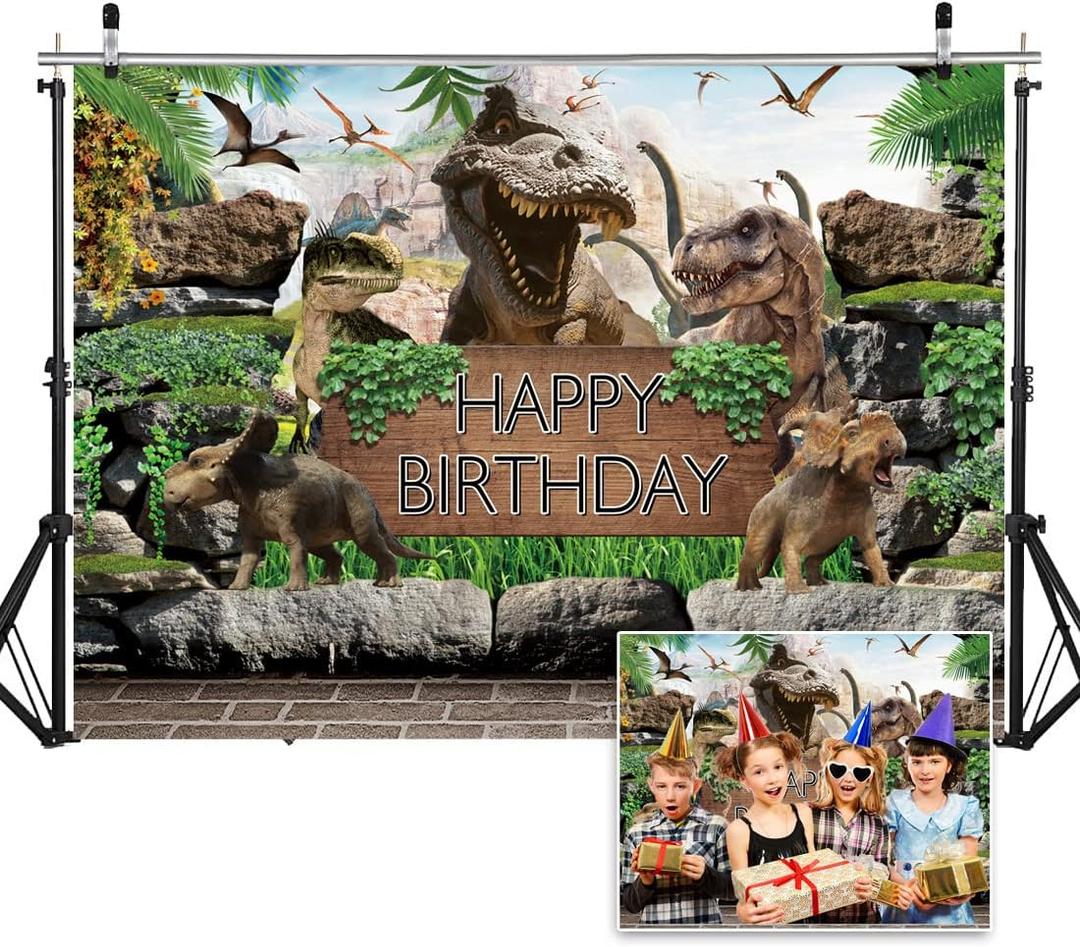 7X5FT Dinosaur Theme Backdrop Boy Kids Birthday Party Photography Background Jungle Park Baby Shower Cake Table Decoration Photo Birthday Party Supplies Banners DH-202 Green