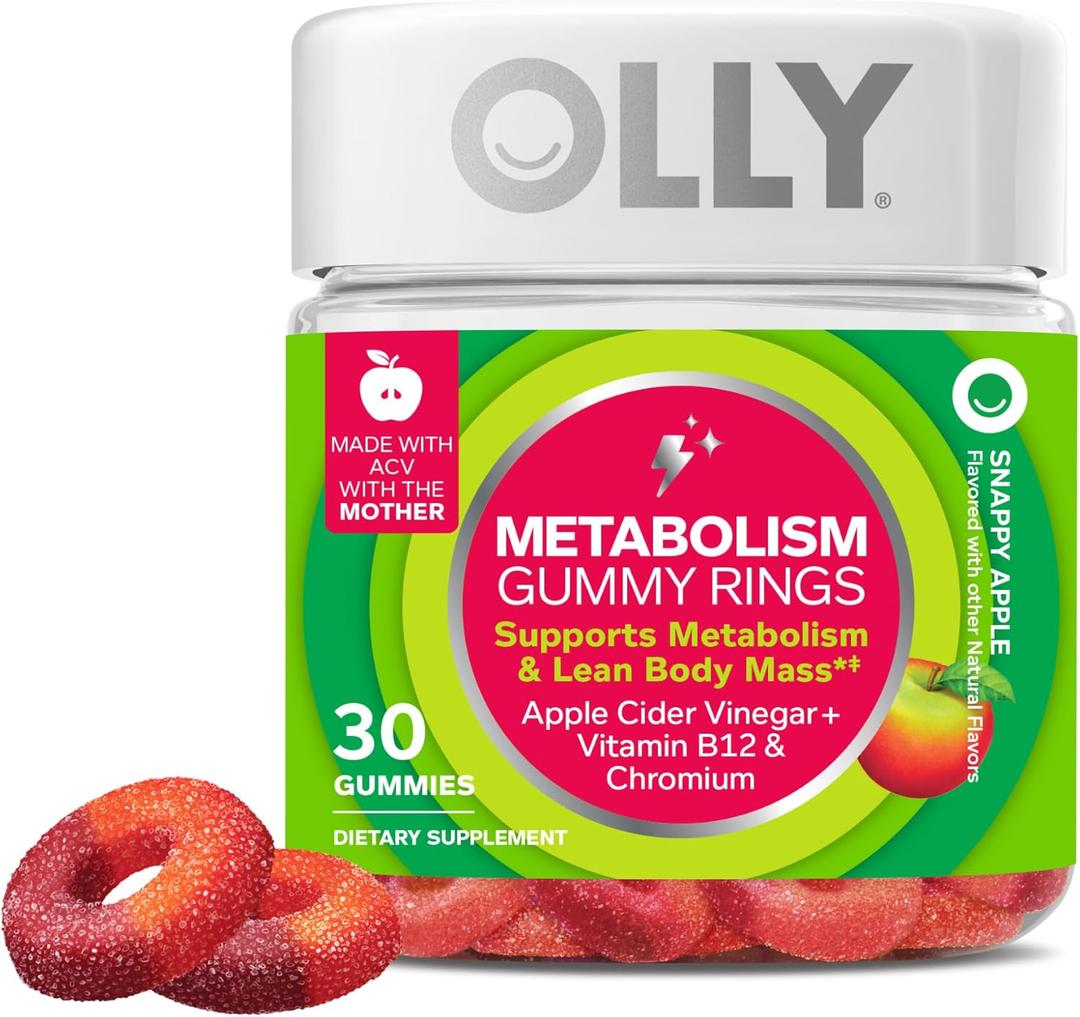 OLLY Metabolism Gummy Rings, Apple Cider Vinegar, Vitamin B12, Chromium, Energy and Digestive Health, Chewable Supplement, Apple Flavor - 30 Count (EXP 02/01/26)