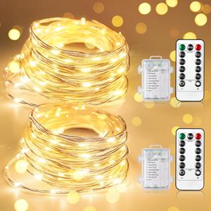 WdtPro 2 Pack Fairy Lights Battery Operated, 33Ft 100 Dimmable LED String Lights Timer with Remote, Waterproof 8 Modes Twinkle Lights for Bedroom Indoor Outdoor Christmas Tree Decor (Warm White)