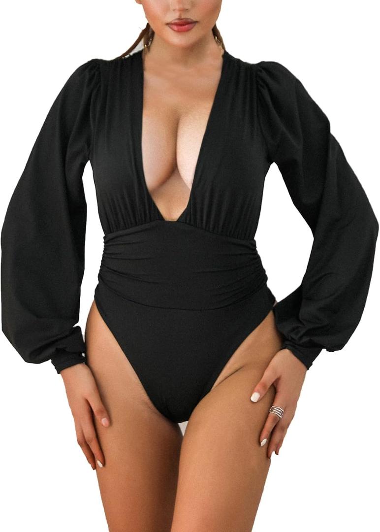 Weigou Women Jumpsuits Long Sleeve V Neck Pleated Loose Bodysuits Tops For Women Leotard Shirts (Medium, Black(1)