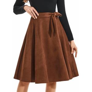 DIASHINY Faux Suede Knee Length Skirt for Women High Waist Flared Stretch A Line Midi Skater Skirts (Brown, XL)