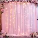 10ft x 10ft Pink Tulle Photo Backdrop Curtain with Lights String for Parties Wedding Sheer Baby Pink Curtain Backdrop for Birthday Party Baby Shower Photo Booth Photography Background Decorations