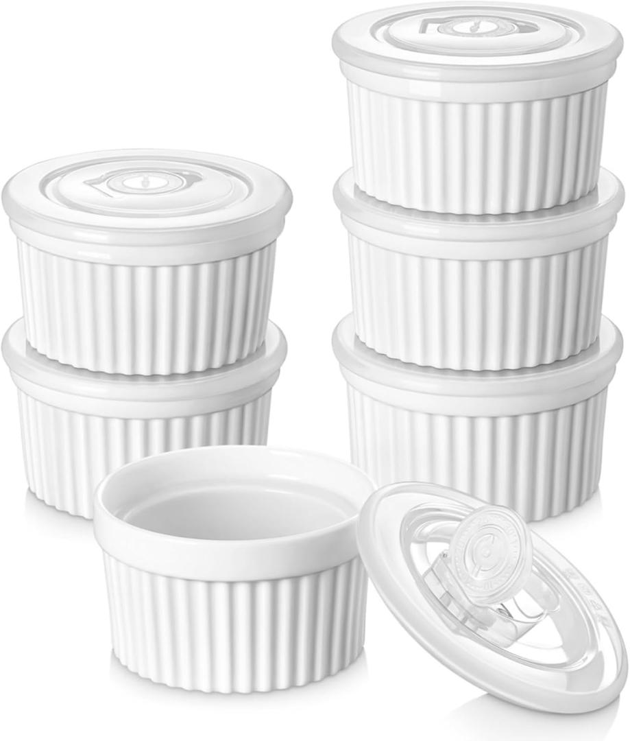 vancasso 6 oz Ramekins with Lid, Porcelain Creme Brulee Souffle Dishes, White Pudding Custard Cups Ramiken for Baking, Dishwasher and Oven Safe, Set of 6