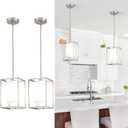 Brushed Nickel Pendant Lights Kitchen Island 2 Pack, Modern Small Lantern Kitchen Pendant Lighting Over Island, Farmhouse Kitchen Island Lights Ceiling Hanging, Industrial Cage Pendant Light Fixtures