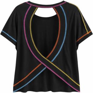 LilyCoco Women Open Back Workout Tops Loose Fit Criss Cross Short Sleeve Athletic Shirts (Black, M)