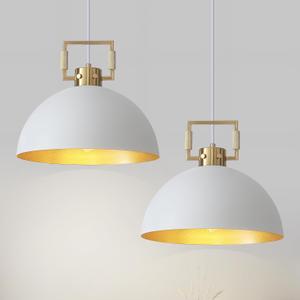 12'' Farmhouse Pendant Light 2 Pack White and Gold for Kitchen Island, Dome Industrial Metal Hanging Lighting Fixtures, Adjustable Height Dining Room Chandelier for Hallway and Foyer