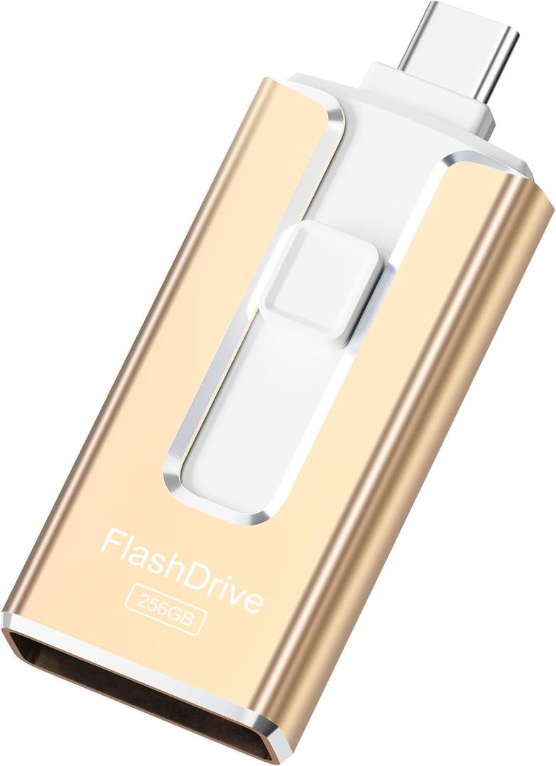 MFi Certified Flash Drive for iPhone 256GB, 3 in 1 Type-C USB Memory Stick Thumb Drive for Photos Videos, High Speed External Memory Storage Photo Stick for iPhone iPad Android PC (Gold)