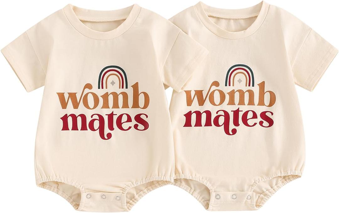 YOKJZJD Newborn Baby Girl Boy Twins Matching Outfits Womb Mates Short Sleeve Bubble Romper Bodysuit Summer Coming Home Outfit (Beige, 3-6 Months)