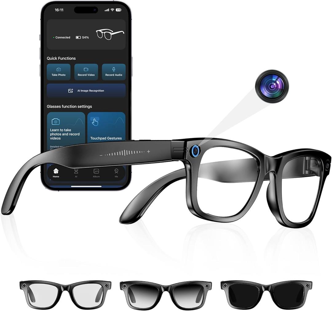 AI Smart Camera Glasses 8MP Camera for Women Men, 4K Photos & 1080P Video Recording,Anti-Shake, 12H Music/Bluetooth Calls, Real-time Translation/GPT Object Recognition (Photochromic Lenses)