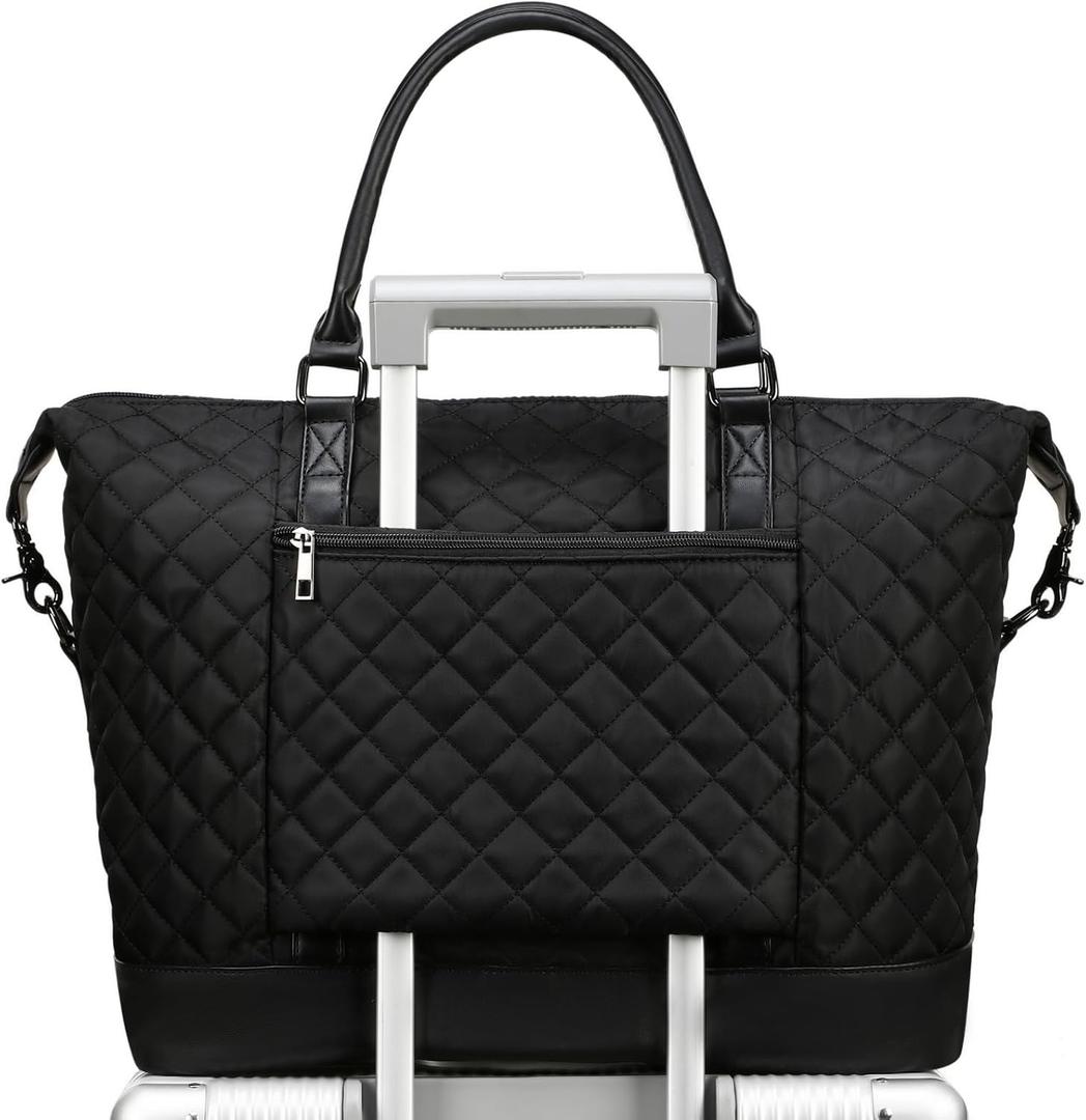 Bluboon Travel Tote Bags with Zipper Ladies Canvas Bag Weekender Overnight Bag for Women Carry on Duffel Bag Trolley Sleeve (Black Quilted)