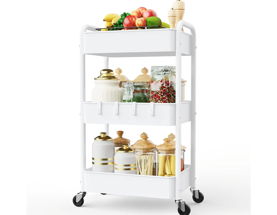 LEHOM 3 Tier Rolling Storage Cart, Metal Trolley Utility Cart with Wheels & Hooks, Easy Assembly Organizer Storage Cart for Bathroom Kitchen Office Bedroom