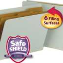 Smead 100% Recycled End Tab Pressboard Classification File Folder with SafeSHIELD Fasteners, 2 Dividers, 2" Expansion, Letter Size, Gray/Green, 10 per Box (26810)
