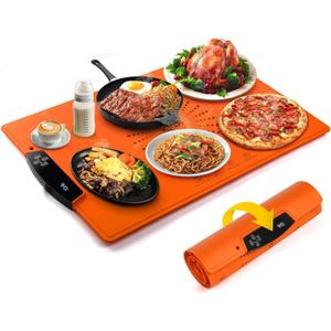 Food Warming Mat, Large Electric Warming Tray with 7 Temperature Settings 2-12H Timer and Child-Lock Fast Full Surface Heating Roll Up Food Warmers for Parties Buffet Gatherings Countertop (Orange)