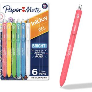 Paper Mate InkJoy Gel Bright! Gel Pens, Medium Point (0.7mm), Retractable, Assorted Opaque Ink, 6 Count - Comfortable Grip, Vivid Colors