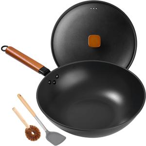 12.9" Nonstick Wok - Wok Pan with Lid, Carbon Steel Woks & Stir-Fry Pans: Flat Bottom Chinese woks for Electric, Induction, Gas, All Stoves