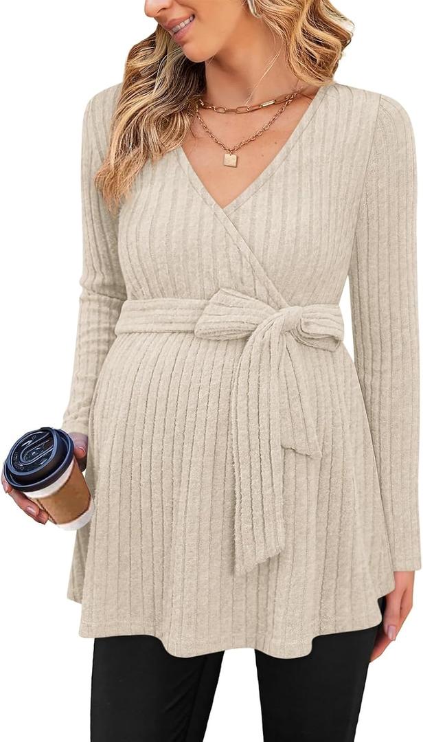 FMEYOA Womens Maternity Shirts Long Sleeve Pregnancy Tops Casual V Neck Ribbed Knit Pregnant Blouses (Beige, S)