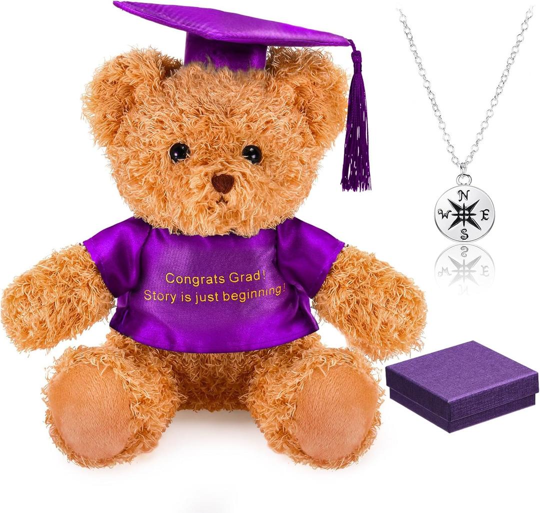 Zhanmai 3 Pcs 2026 Graduation Gift Set Include Graduation Plush Bears Inspirational Compass Necklace with Box for Preschool Kindergarten Primary College High School Party Favors (Purple)
