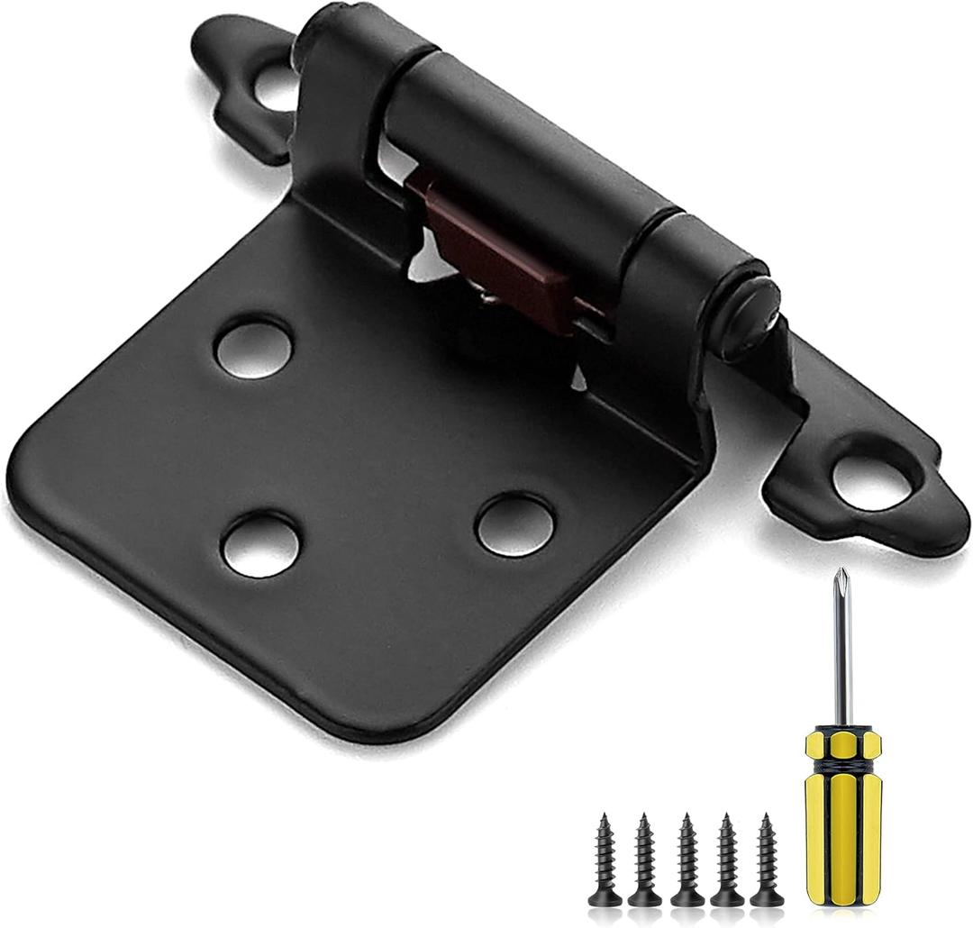 Ravinte 50 Pack 25 Pairs 1/2" Overlay Cabinet Door Hinges Kitchen Black Semi-Concealed Hinges Face Mount Self-Closing Cabinet Hardware with Bumpers & Screwdriver