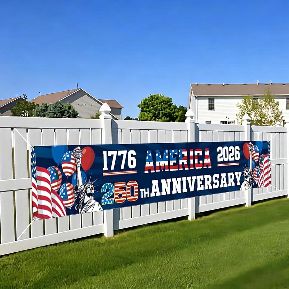 250th Birthday Banner Flag 250 Year Anniversary American Banner 4th of July Patriotic Party Supplies 1776-2026 US Flag Balloon Design Anniversary Banner