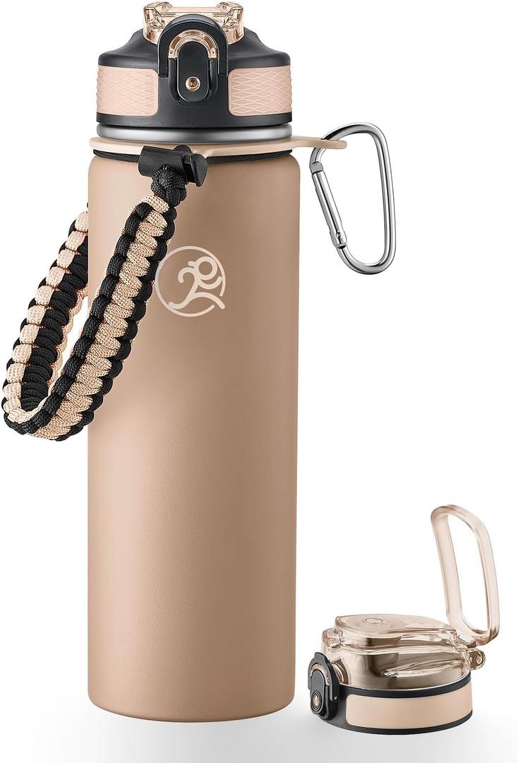 GOSWAG Insulated Sports Water Bottle, 24oz 2 Lids(with Straw/No Straw), Stainless Steel Water Bottles with Paracord Handle, Insulated Bottle with Double-Wall Vacuum Insulation (Matte Latte Brown)
