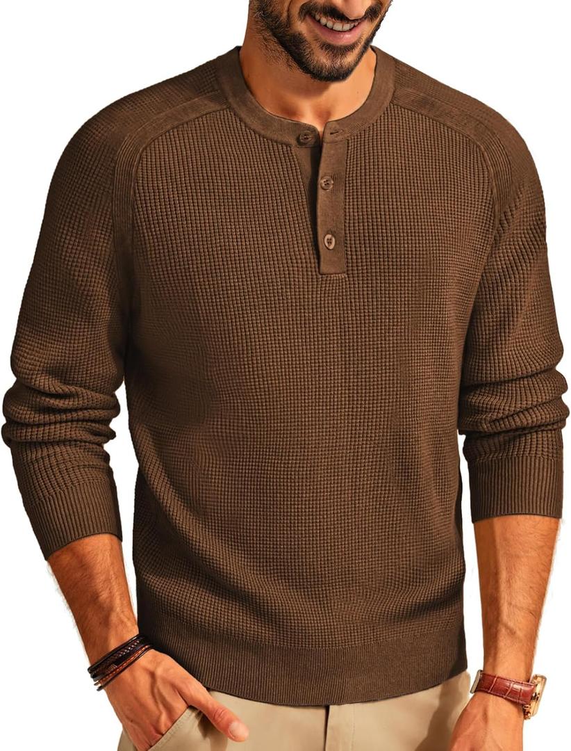 PJ PAUL JONES Men's Henley Long Sleeve Sweaters Solid Color Soft Warm Pullover Sweaters (Large, Coffee)