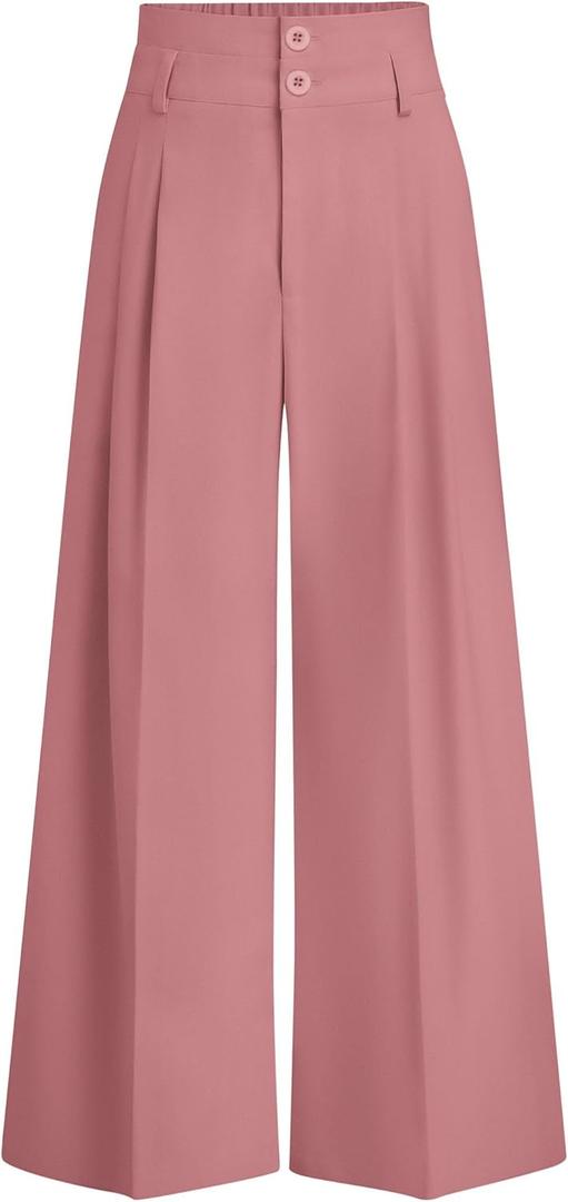 PRETTYGARDEN Womens Spring Wide Leg Palazzo Pants 2026 Trendy Loose Button High Waist Pleated Work Business Casual Trousers (Medium, Pink)