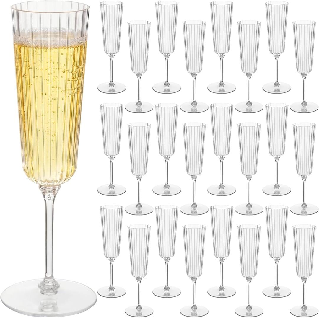 Jingmore 24 Pcs Plastic Ribbed Champagne Flutes With Stem, 6.4 oz Clear Vintage Disposable Champagne Glasses for Wedding Birthday Anniversary (Clear)