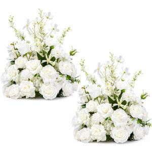 White Wedding Floral Arrangements, 23.6" Tall Free Standing Floor Flower Arrangement, Wedding Aisle Flowers for Ceremony, Large Floral Centerpiece for Entryway & Party Decor (2, White with leaves)