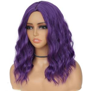 Dark Purple Wig Middle Part,Short Wavy Purple Wigs for Women