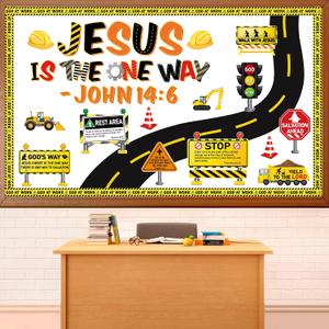 2 x Christian Construction VBS Bulletin Board Set Construction Sunday School Decors Classroom Religious Jesus Road Signs Cutouts for Back to School Motivational Scripture Supplies VBS Decor