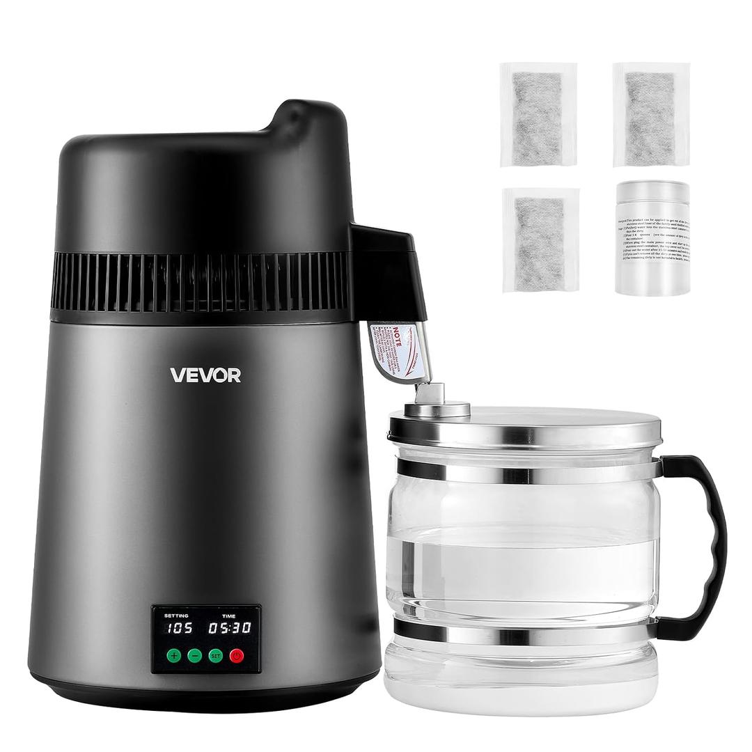 VEVOR Water Distiller, 6L/1.6 Gallon Larger Pure Water Purifier Filter for Home Table Countertop, 900W Glass Pot Distilled Maker, Stainless Steel Interior Drinking Machine to Make Clean Water