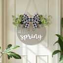 BreezeHug 3D Hello Spring Sign for Front Door Sage Green Rustic Welcome Door Sign with Bow Farmhouse Hello Welcome Wreaths Wood Spring Doors Hanger Decorations for Home Office Shelf Mantel